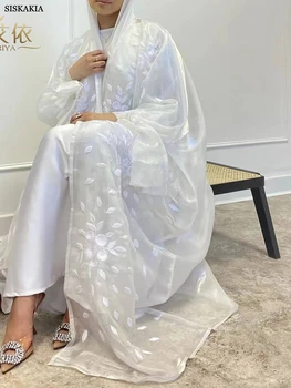 Siskakia Ramadan Plus Size Fehér Hímzett Háló Nyitott Abayas A Női Puff Ujjú Kimonó Dubai Törökország Kaftán Kardigán Köntös
