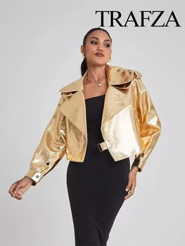 TRAFZA 2024 Nők Mesterséges Hosszú Ujjú PU Bőr Arany Motoros Dzseki Lady Kabát Elegáns Ezüst Elegáns Bő Kabát Hajtókáját