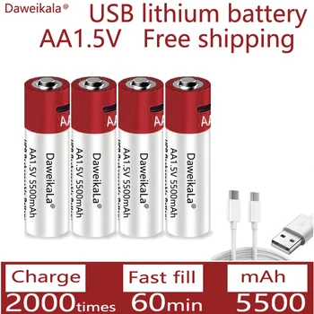 Új AA USB újratölthető Li-ion akkumulátor, 1,5 V-os AA 5500mah / Li-ion akkumulátor figyelni, játékok, MP3 lejátszó hőmérő billentyűzet