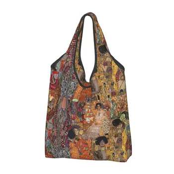 Gustav Klimt Újrafelhasználható Bevásárló Táskák Összecsukható 50LB Súly Kapacitás a Három Korosztály Női Táska, Öko, Környezetbarát